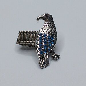 Blue Bird Ring, Silver color, blue rhinestone, shiny crystals